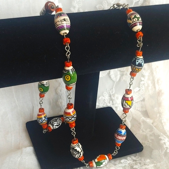 Jewelry - Colombian Hand Painted Clay Bead Necklace